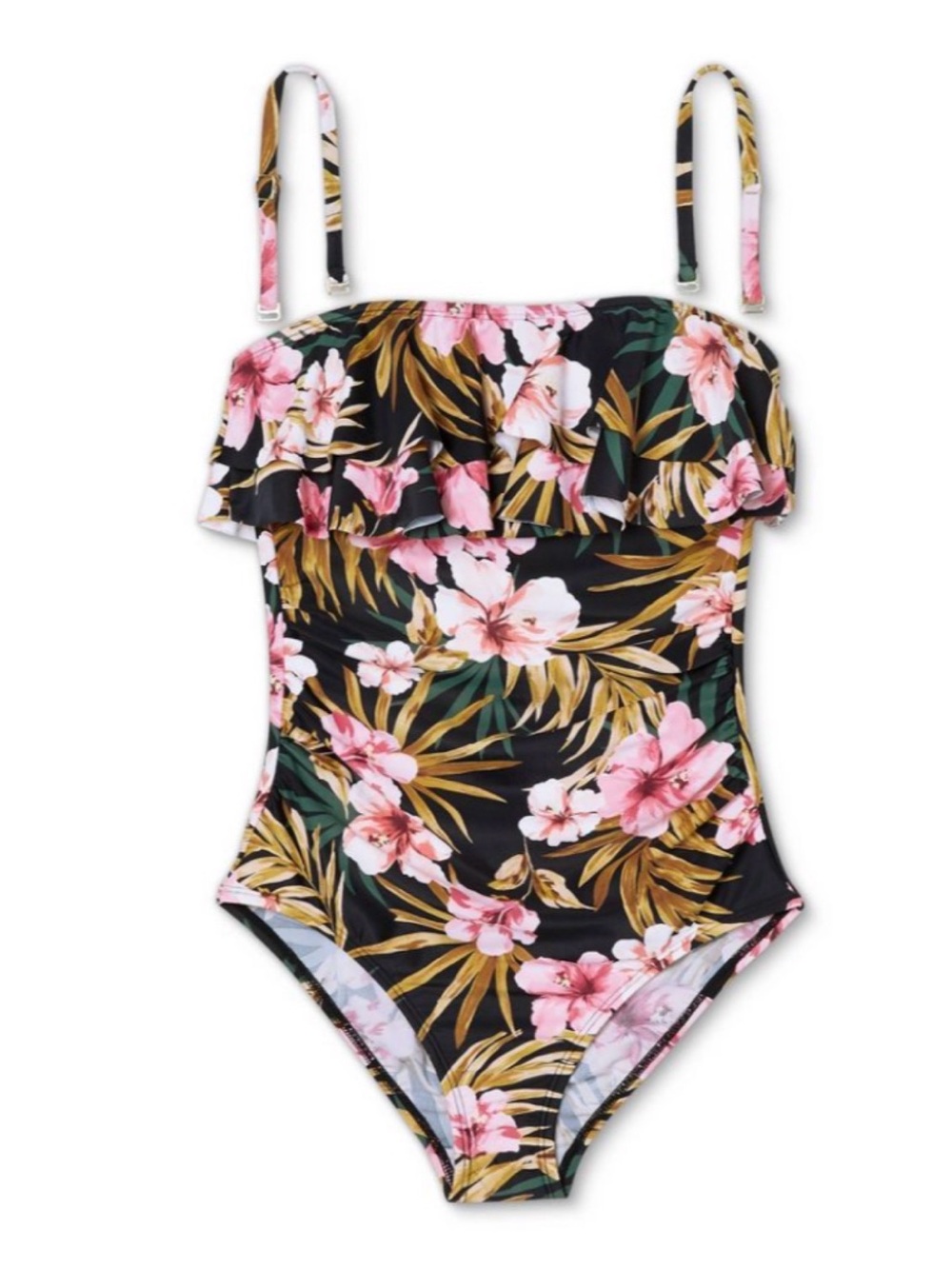 Kona Sol Black Floral One-Piece Swimsuit with Pink Ruffle